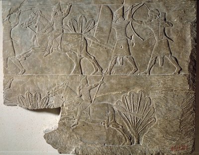 Mesopotamia: Jinetes del ejército asirio. Bajo relieve en alabastro del palacio del rey Asurbanipal (668-627 a.C.). De Nínive. París, Museo del Louvre de Mesopotamian