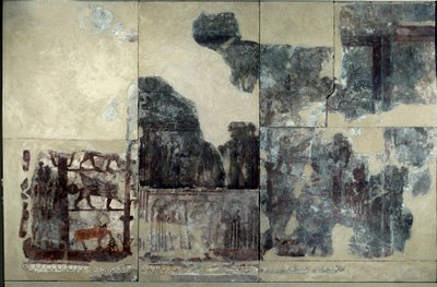 Mesopotamia: palacio de Zimrilim, pintura de la investidura: representación de un toro alado, esfinge, grifo (detalle) de Mesopotamian
