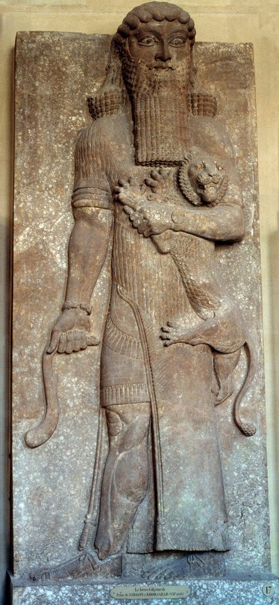 Mesopotamia: Estatua de Sargón dominando un león, llamada Gilgamesh. Corte de Khorsabad (Khunsabad) siglo VIII a.C. París, Museo del Louvre de Mesopotamian Mesopotamian