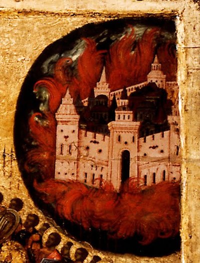 Bendito sea el ejército del rey del cielo (detalle): Incendio en Kazán, 1550s de Metropolitan of Moscow Athanasius