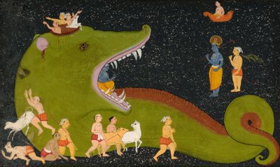 La victoria de Krishna sobre Aghasura de Mewar School