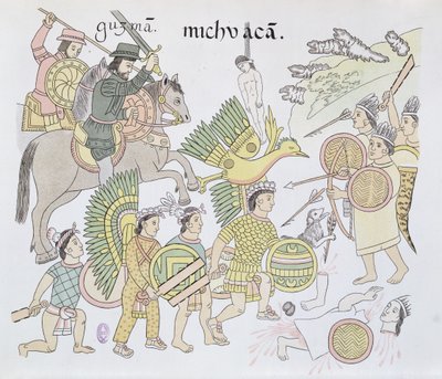 Batalla de Michoacán entre los Españoles y los Aztecas, ilustración de un facsímil de una historia pictórica india mexicana Lienzo de Tlaxcala de c.1550, 1892 de Mexican School