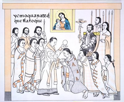 Caciques recibiendo la comunión de un sacerdote en la casa de Hernando Cortés (1485-1547), ilustración de un facsímil de una historia pictórica india mexicana Lienzo de Tlaxcala de c.1550, 1892 de Mexican School