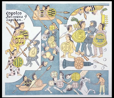 Batalla final entre Hernando Cortés (1485-1547) y Cuauhtémoc en Tenochtitlán, agosto de 1521, ilustración de un facsímil de una historia pictórica india mexicana Lienzo de Tlaxcala de c.1550, 1892 de Mexican School