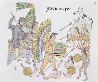 Hernando Cortés (1485-1547), bajo asedio en Tenochtitlán, decide abandonar la ciudad, ilustración de un facsímil de una historia pictórica india mexicana Lienzo de Tlaxcala de c.1550, 1892 de Mexican School