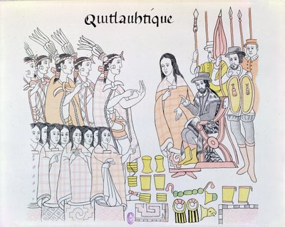 La Malinche (Doña Marina) actuando como intérprete durante la presentación de mujeres y oro por Moctezuma (1466-1520) a Hernando Cortés (1485-1547), ilustración de un facsímil de una historia pictórica india mexicana de Mexican School