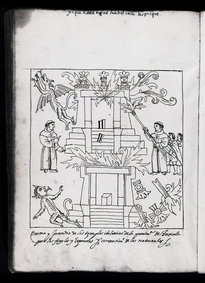 MS Hunter 242 f.240v La quema de los templos, Tlaxcala, ilustración de 