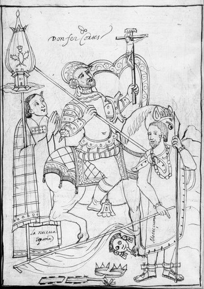 MS Hunter 242 f.246v, Cortés a caballo, de pie sobre el rey azteca Moctezuma derrotado, ilustración de la Historia de Tlaxcala de Diego Muñoz Camargo de Mexican School