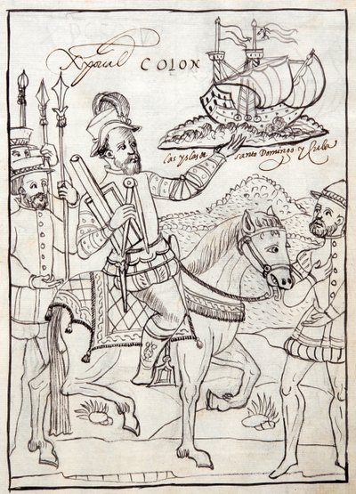 MS Hunter 242 f.247r Cristóbal Colón, ilustración de la Historia de Tlaxcala por Diego Muñoz Camargo de Mexican School