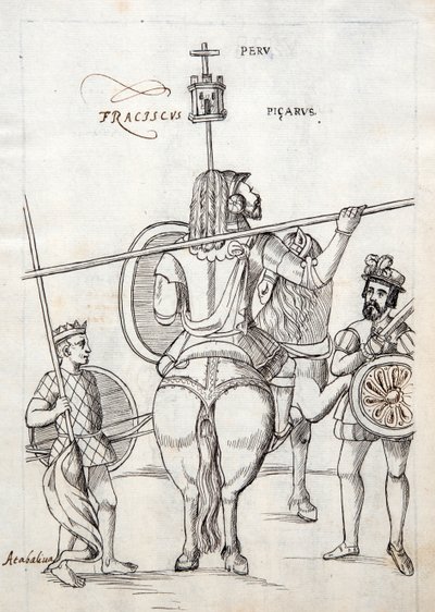 MS Hunter 242 f.248r Picarus, o Pizarro, y caballo de guerra, ilustración de la Historia de Tlaxcala por Diego Muñoz Camargo de Mexican School