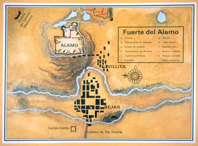Mapa del área del Álamo en San Antonio basado en el mapa original del campo de batalla de Santa Anna de Mexican School