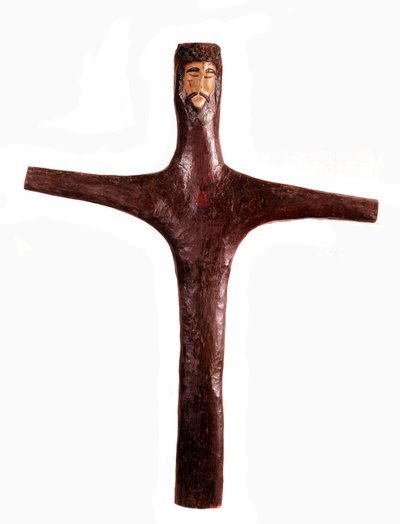 Arte mexicano: cruz de madera policromada con cabeza de Cristo tallada de una sola pieza. Siglo XVII. México. Museo Regional de Michoacán de Mexican School