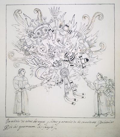 Frailes Franciscanos Quemando Libros y Ropas Tradicionales, de Historia de Tlaxcala por Diego Muñoz Camargo de Mexican School