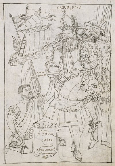 Cristóbal Colón (1451-1506) ofrece simbólicamente el Nuevo Mundo a Carlos V (1500-08), de Historia de Tlaxcala por Diego Muñoz Camargo de Mexican School