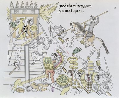 La Quema de los Ídolos por Hernán Cortés, ilustración de un facsímil de una historia pictórica india mexicana Lienzo de Tlaxcala de c.1550, 1892 de Mexican School