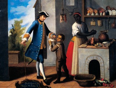 Hombre español blanco, mujer negra y hijo mestizo (mulato), pintura sobre el tema del mestizaje de Mexican School