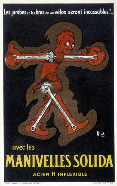 Publicidad para bielas Velo hechas de acero sólido. Dibujo de Mich (Michel Liebeaux) de Mich