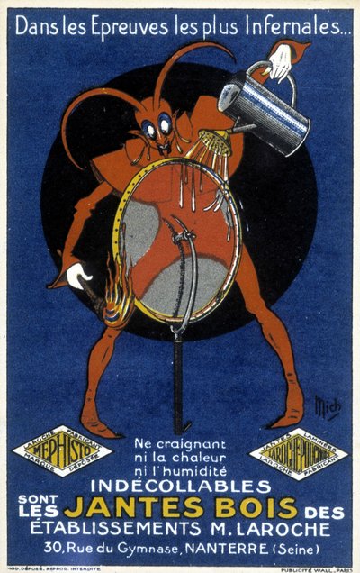 Diablo rojo frente a una rueda de bicicleta ilustrando un anuncio para los aros de madera de los establecimientos Laroche (Nanterre) (grabado) de Mich