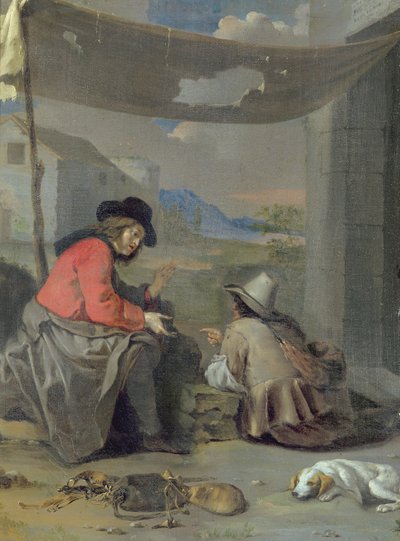 Dos figuras sentadas con un perro de Michael (attr. to) Sweerts