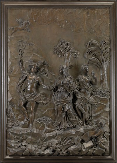 Los relieves de Stowe: Mercurio conduciendo la poesía trágica y cómica al Monte Parnaso, c.1740 de Michael (attr.to) Chuke