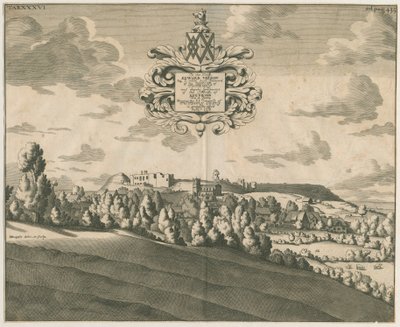 Castillo de Tutbury - Vista distante: grabado en cobre, nd [c 1686] de Michael Burghers
