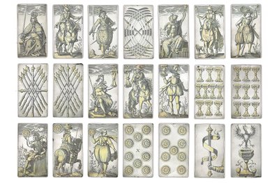 Detalle de un conjunto extremadamente raro de 52 cartas de juego grabadas en los cuatro palos italianos, Augsburgo de Michael Froemmer