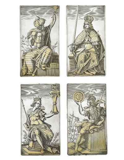 (detalle) Conjunto extremadamente raro de 52 cartas de juego grabadas en los cuatro palos italianos, Augsburgo de Michael Froemmer