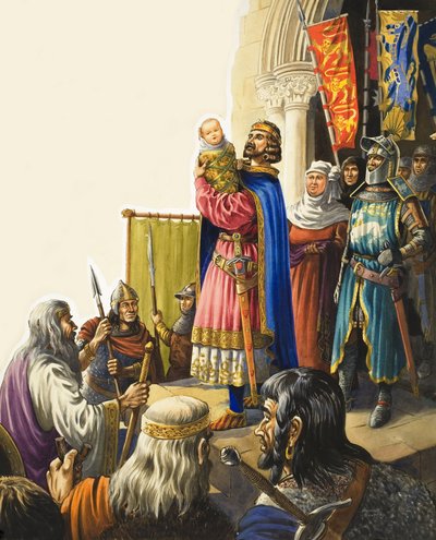 El rey Eduardo I (1239-1307) presenta a su hijo (gouache sobre papel) de Michael Godfrey