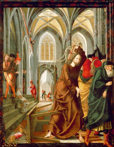 Cristo expulsa a los mercaderes del Templo (panel de Historias de Cristo, Retablo de San Wolfgang) de Michael Pacher