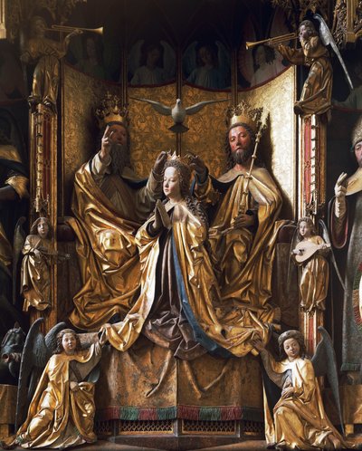 Coronación de la Virgen Altar, circa 1470-1480, por Michael Pacher (fallecido en 1498), madera tallada, antigua Iglesia Parroquial de Gries, San Quirino, Bolzano, Trentino-Alto Adige, Italia de Michael Pacher