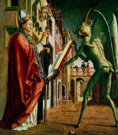 El Diablo Presentando a San Agustín el Libro de los Vicios, c. 1455-1498 de Michael Pacher
