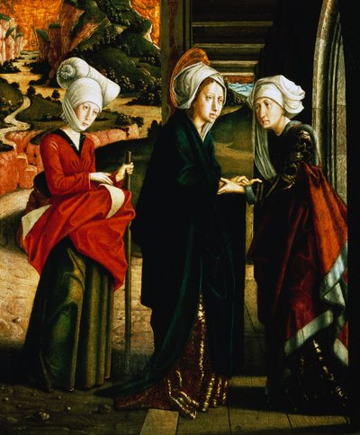 Visitación de María, panel inferior de Escenas de la vida de Cristo, Retablo de San Wolfgang, capilla de San Wolfgang, St Wolfgang im Salzkammergut, Austria de Michael Pacher