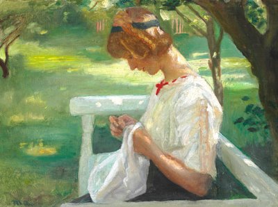 Ella Saxild cosiendo en el jardín un día de verano. de Michael Peter Ancher