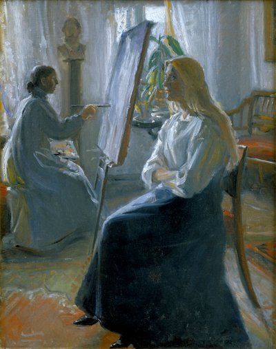 En el estudio, Anna Ancher, la esposa del artista pintando, finales del siglo XIX-principios del siglo XX de Michael Peter Ancher
