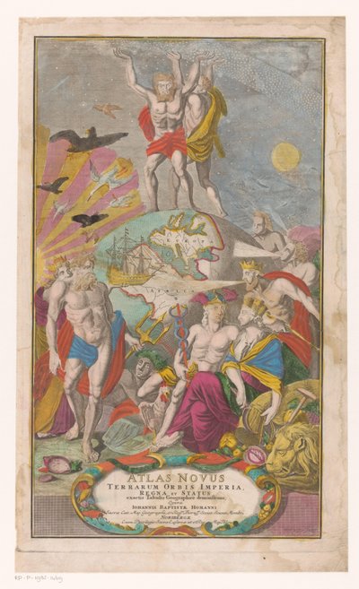 Atlas y Hércules llevan cielos estrellados
Portada de: Johann Baptista Homann, Atlas Novus Terrarum Orbis Imperia, Regna et Status exactis Tabulis Geographicè demonstrans, 1729 de Michael Rössler
