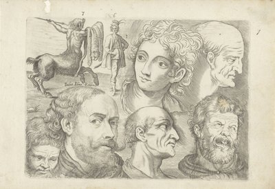 Hoja de estudio con ejemplos de dibujo: centauro, figura de pie y cabezas de Michael Snijders
