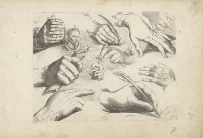 Hoja de estudio con ejemplos de dibujo: manos y retrato de Hendrick Goltzius de Michael Snijders