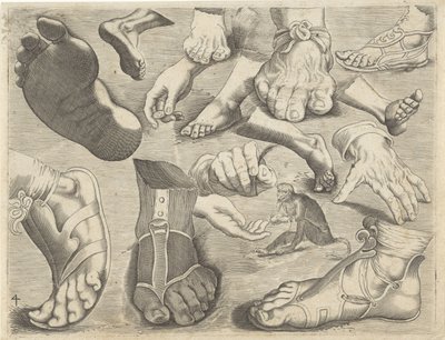 Hoja de estudio con ejemplos de dibujo: manos, pies y un mono
Ejemplos de dibujos (título de la serie) de Michael Snijders