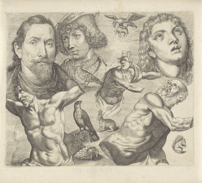 Hoja de estudio con ejemplos de dibujo: cabezas, torso y animales
Ejemplos de dibujos (título de la serie) de Michael Snijders