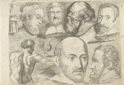 Hoja de estudio con ejemplos de dibujo: figura de pie, gallo y cabezas de Michael Snijders