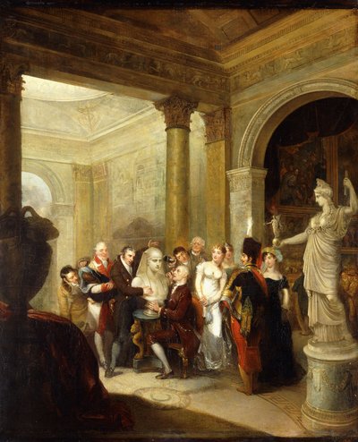 Un Capricho Interior con un Grupo de Damas y Caballeros Examinando un Busto de Antínoo, con la Esperanza Atenea y una Galería de Pinturas al Fondo a la Derecha; un Salón con Cúpula a la Izquierda, 1811 de Michael William Sharp