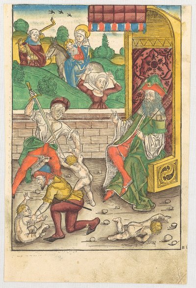 Bethlehemitischer Kindermord [Vordergrund] und Flucht nach Ägypten [Hintergrund] de Michael Wolgemut