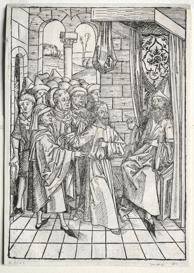 Der Schatzbehalter: Cristo ante Caifás verso, 1491 de Michael Wolgemut