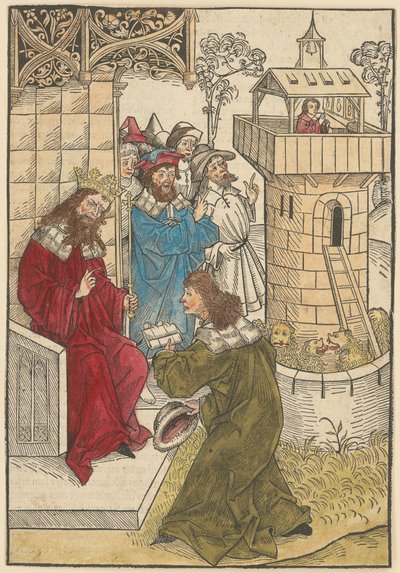 Ein Fürst kniet vor König Darius und der betende Daniel über der Löwengrube de Michael Wolgemut