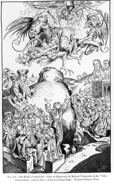 El Reinado del Anticristo, del Liber Chronicarum, publicado en 1493, ilustración de Ciencia y Literatura en la Edad Media y el Renacimiento, escrito y grabado por Paul Lacroix, 1878 de Michael Wolgemut