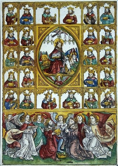 Jesús rodeado por los símbolos de los cuatro evangelistas y muchos reyes llevando arpas y copas de oro de Michael Wolgemut or Wolgemuth
