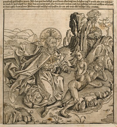 Dios el Padre creando a Eva de la costilla de Adán, ilustración del 
