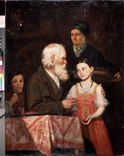 Pascua. Un anciano regala huevos teñidos de rojo a su nieta, la abuela trae un bollo de Pascua tradicional. Pintura de Michail Andreevich Mokhov (1819-1903), óleo sobre lienzo de Michail Andreevich Mokhov