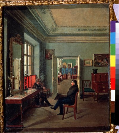 En la habitación (en la habitación). Dos hombres conversando en un interior burgués, las mujeres en otra habitación. Pintura de Mikhail Fyodorovich Davydov (primera mitad del siglo XIX). Óleo sobre tela de Michail Fyodorovich Davydov