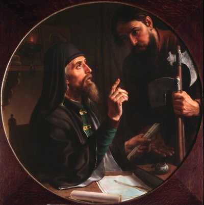 El higoumene (hegoumene) del Laurel de la Santísima Trinidad (Trinite-Saint-Serge) Dionysius Zobninovsky presenta una escritura eclesiástica (Hegumen of the Lavra Dionysius Zobninovsky presenta una escritura eclesiástica) - Pintura de Mikhail Ivanovich Sko de Michail Ivanovich Skotti